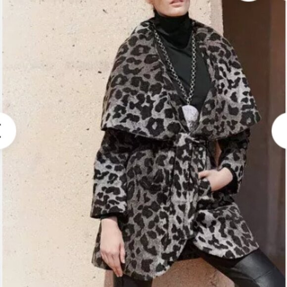 T TAHARI Marla Wool Leopard Wrap Coat size XS - Picture 2 of 10